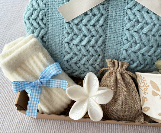 Light Blue Cozy Gift Basket for Her | Pastel Calming Self Care Gift Set komorebi INC