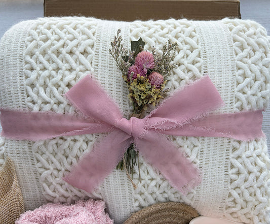 Soft Cream Cozy Gift Box for Her | Cable Knit Blanket, Botanical Mug, Fuzzy Socks, Fringe Hand Towel & Dried Floral Gift Basket komorebi INC