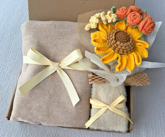 Sunflower Gift Box with Crochet Sunflower Bouquet, Soft Knit Scarf & Fuzzy Cozy Socks komorebi INC