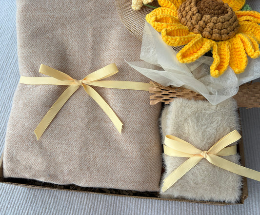 Sunflower Gift Box with Crochet Sunflower Bouquet, Soft Knit Scarf & Fuzzy Cozy Socks komorebi INC