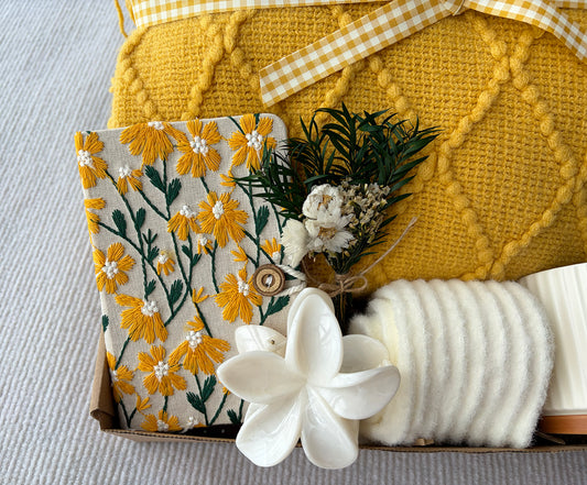 Sunny Yellow Self-Care Gift Basket for Her | Cozy Knit Blanket, Ceramic Mug, Fuzzy Socks, Daisy Notebook & Dried Flower Decor komorebi INC