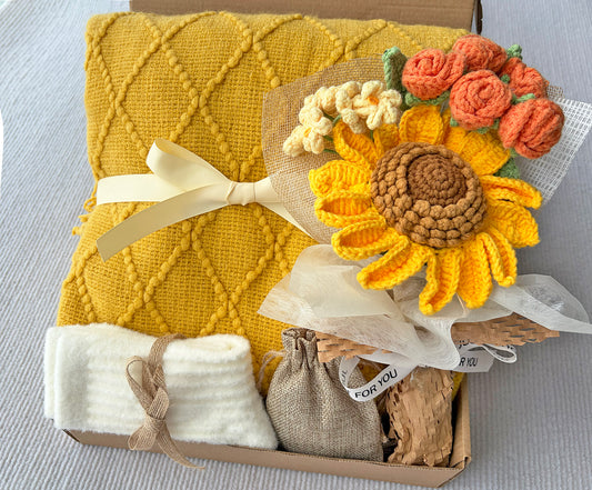 Sunshine Gift Basket for Her | Cozy Knit Blanket, Crochet Sunflower Bouquet, Fuzzy Socks & Scented Sachet komorebi INC