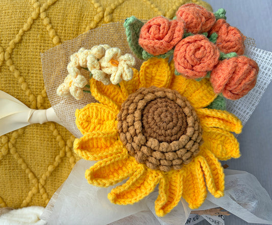 Sunshine Gift Basket for Her | Cozy Knit Blanket, Crochet Sunflower Bouquet, Fuzzy Socks & Scented Sachet komorebi INC
