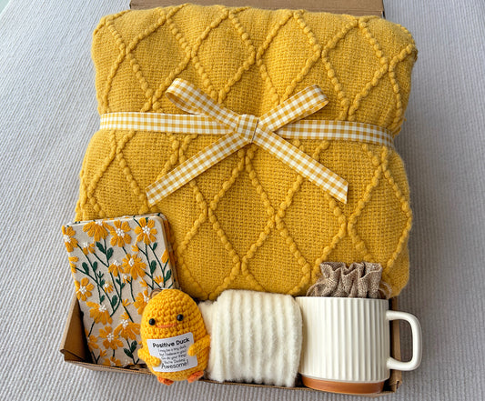 Thinking of You Gift | Cozy Knit Blanket, Ceramic Mug, Daisy Journal, Scented Sachet & Positive Duck Decor komorebi INC