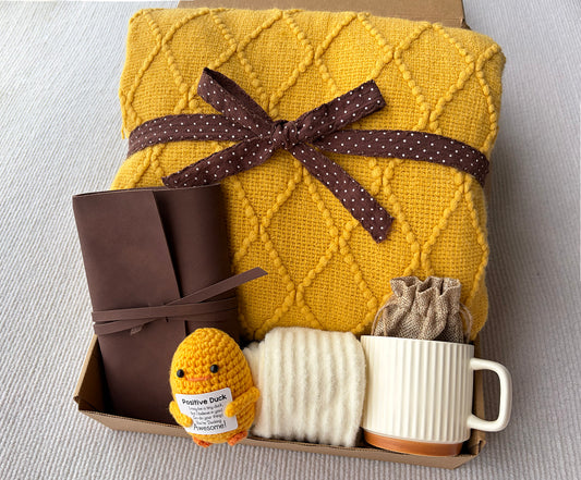 Thinking of You Gift Basket | Cozy Blanket, Positive Knit Duck, Leather Journal, Mug, Socks & Scented Sachet komorebi INC
