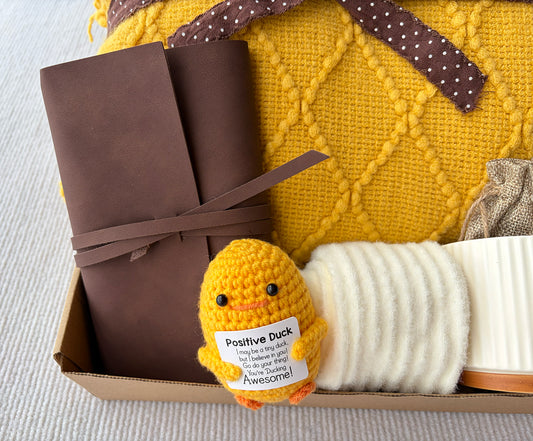 Thinking of You Gift Basket | Cozy Blanket, Positive Knit Duck, Leather Journal, Mug, Socks & Scented Sachet komorebi INC