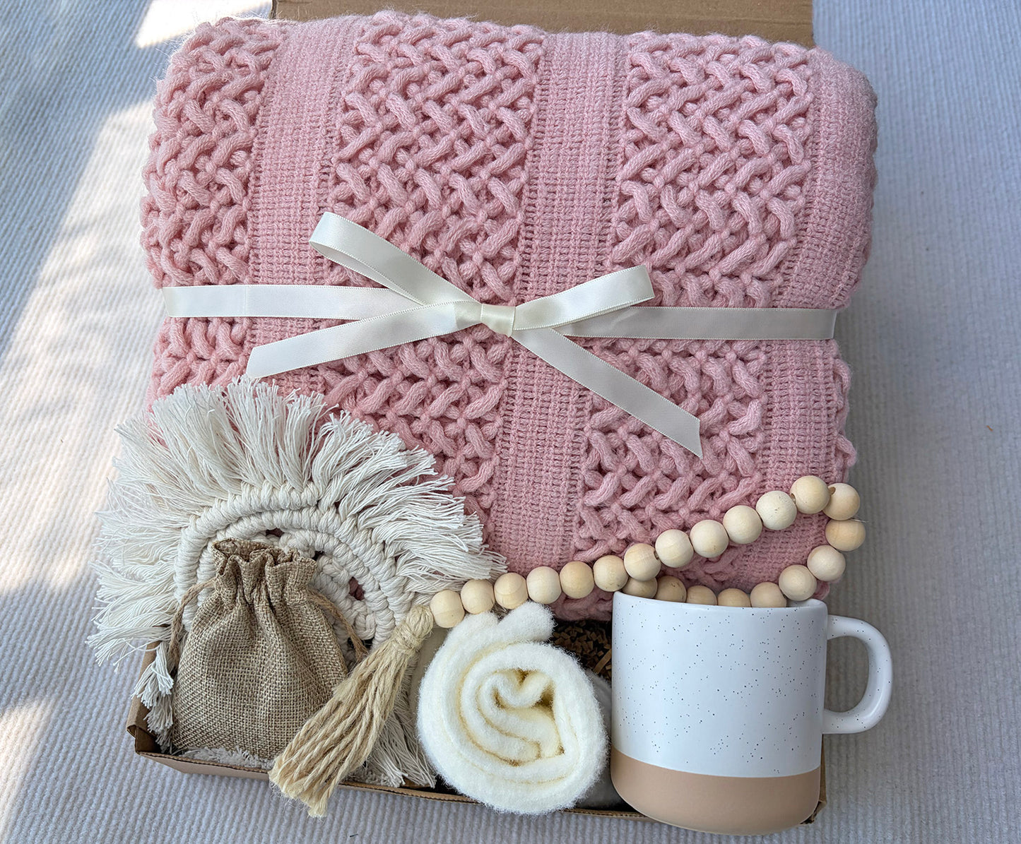 Soft Blush Pink Neutral Farmhouse Self-Care Gift Box for Her – Cozy Calm Retreat Set komorebi INC