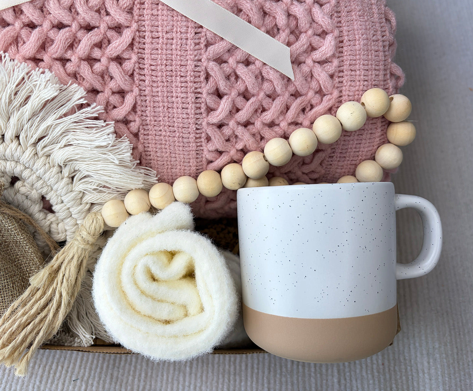 Soft Blush Pink Neutral Farmhouse Self-Care Gift Box for Her – Cozy Calm Retreat Set komorebi INC