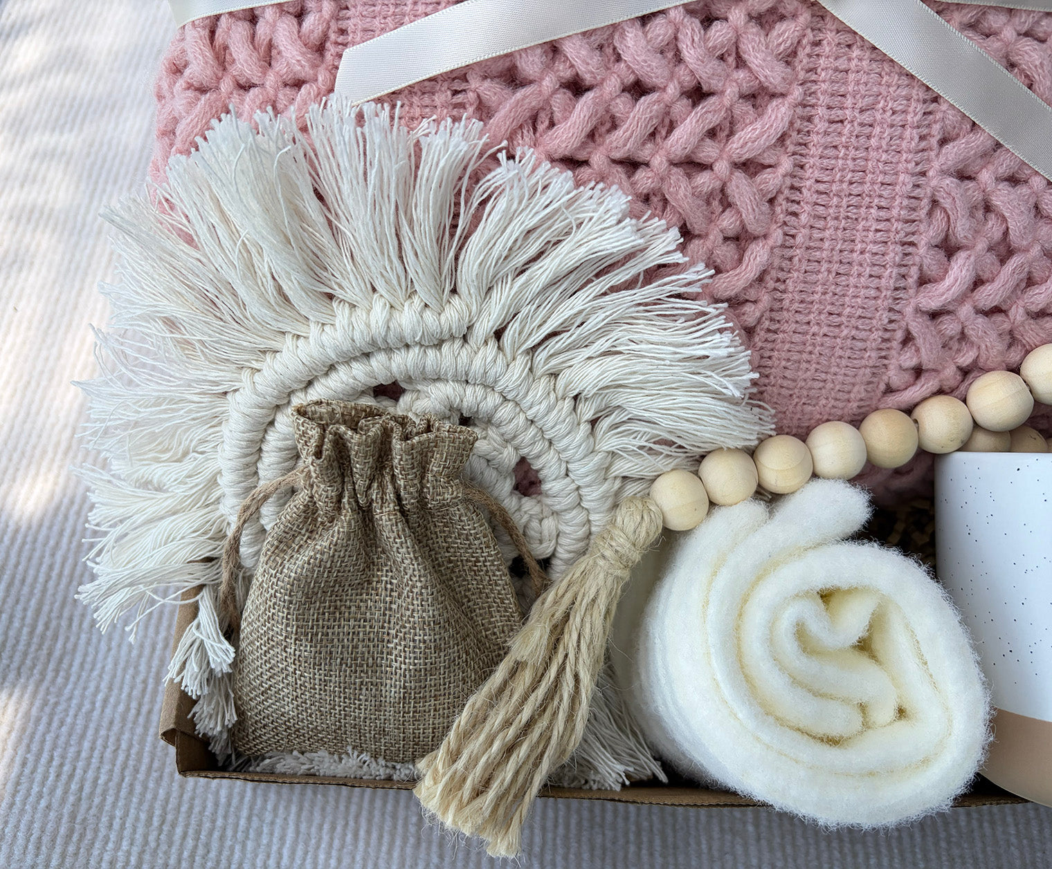 Soft Blush Pink Neutral Farmhouse Self-Care Gift Box for Her – Cozy Calm Retreat Set komorebi INC