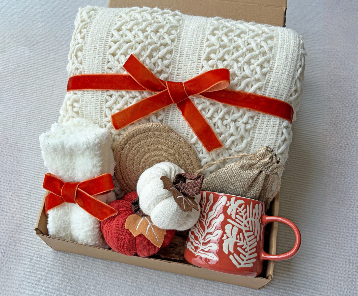 Fall Pumpkin Cozy Gift Box | Cream Knit Blanket Package Set komorebi INC