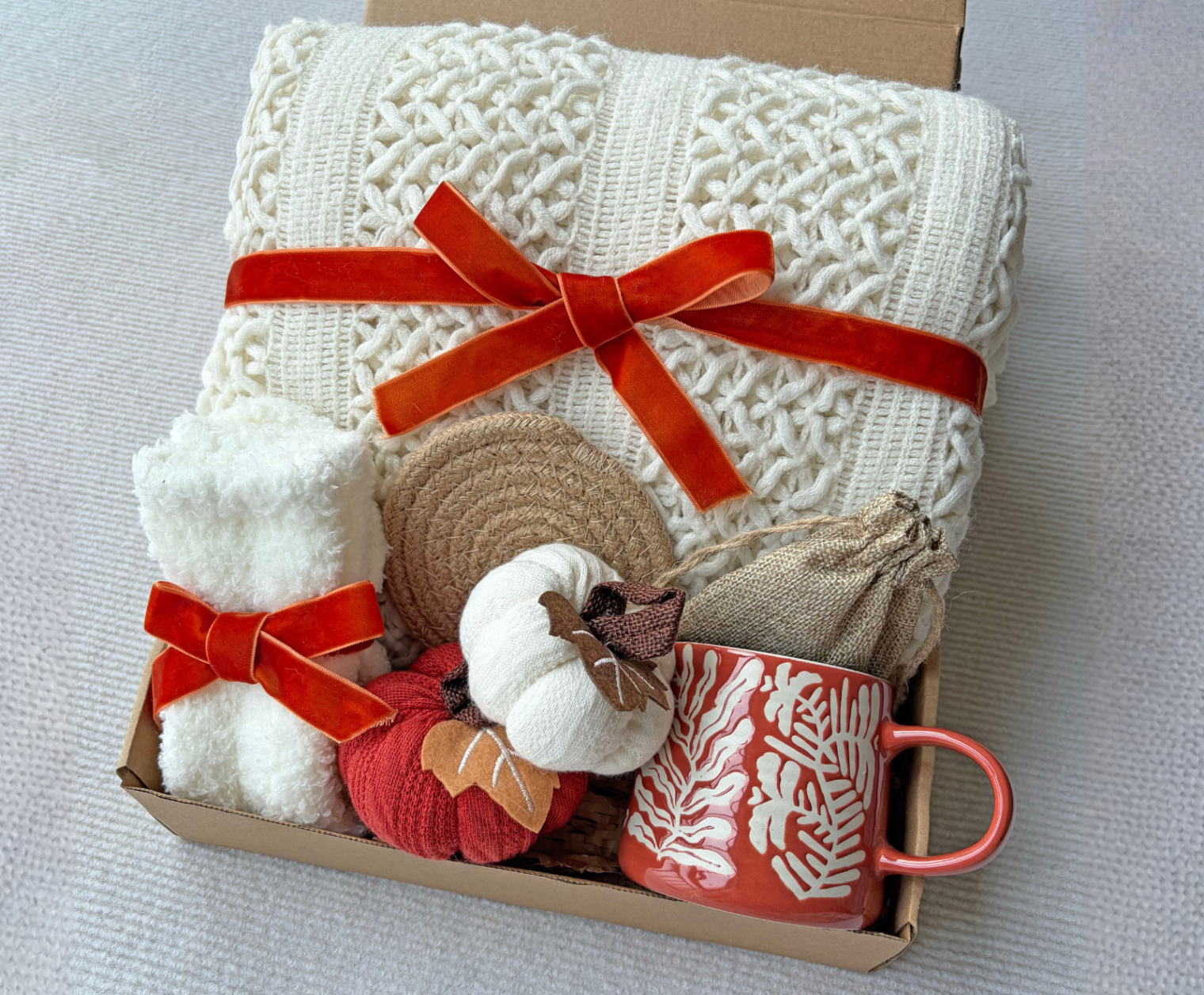 Fall Pumpkin Cozy Gift Box | Cream Knit Blanket Package Set komorebi INC