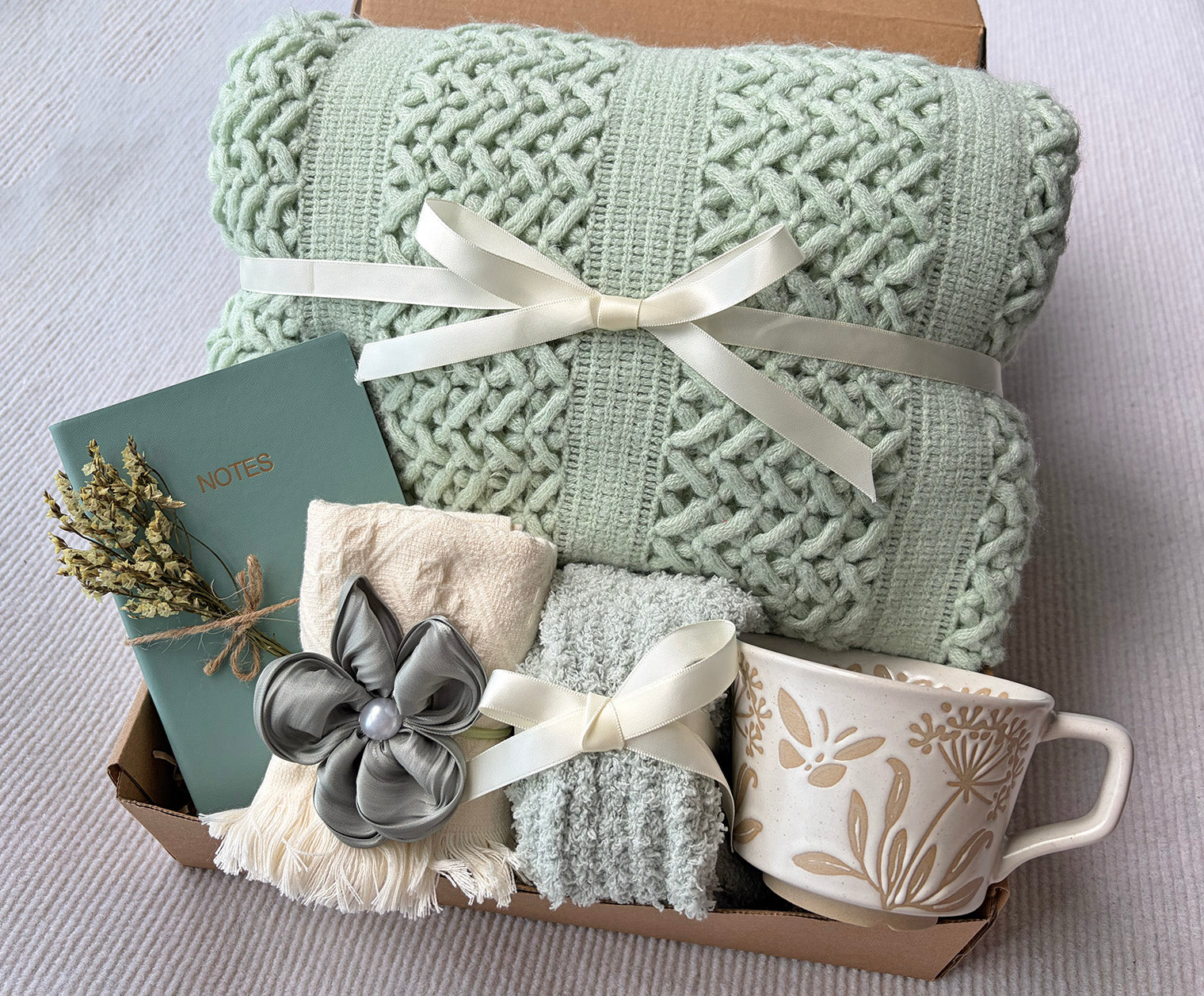 Soft Sage Green Floral Mindful Self-Care Gift Box for Her – Calm Journal & Cozy Relaxation Set komorebi INC